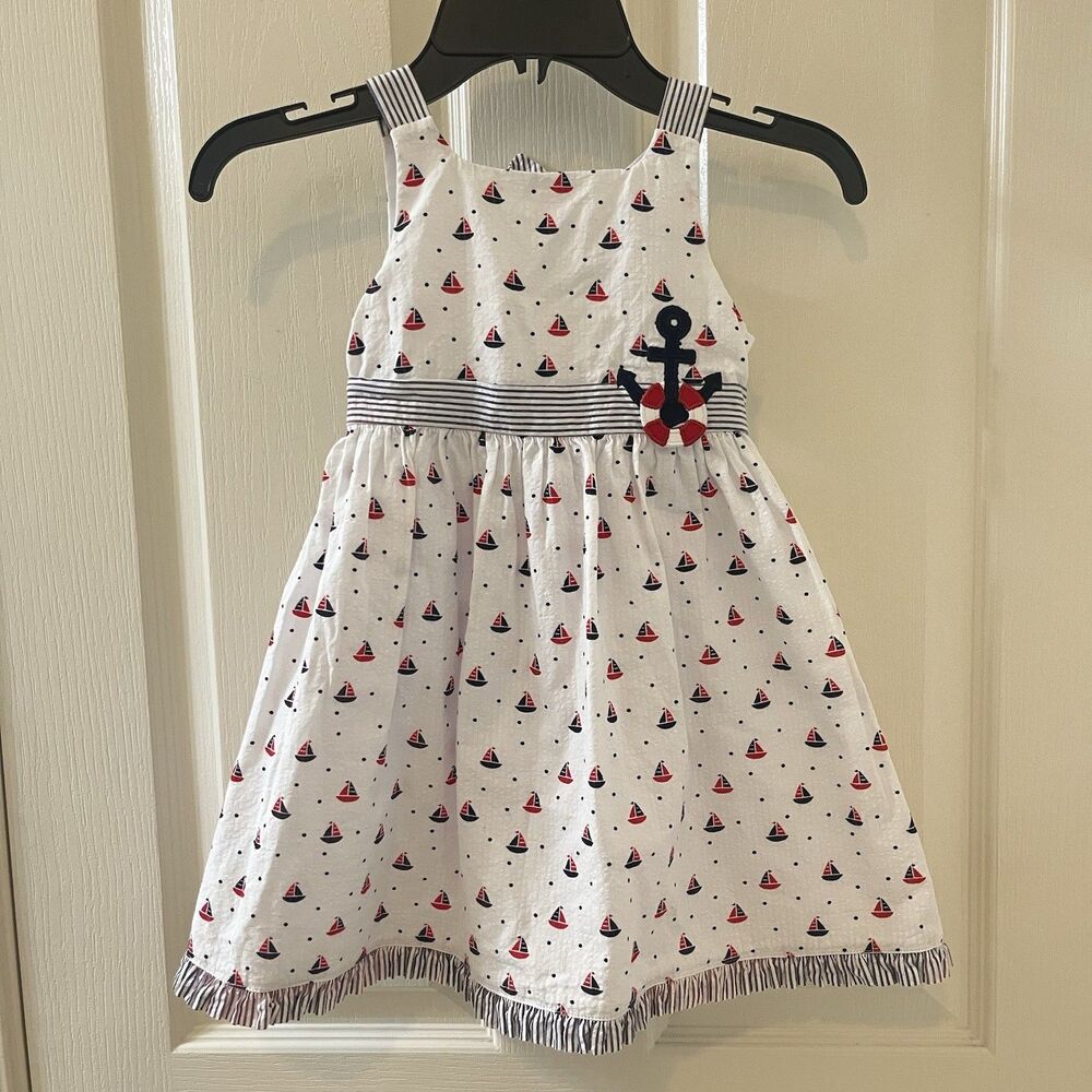 Florence Eiseman Sailboat Print Seersucker Dress with Anchor Girl's Size 3T